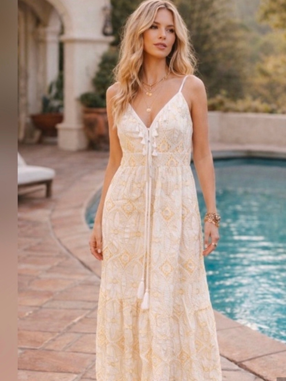 Boho Lace-Trim Maxi Dress - Cream & Gold